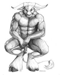 1boy 2003 abs anthro ayame_emaya bovine bull cattle european_mythology furry genitals greek_mythology hooves horns long_horn long_tail male male_focus male_only mythology nose_ring pencil_(artwork) penis public_domain sketch skinny_tail solo solo_male tail testicles traditional_art traditional_media traditional_media_(artwork)