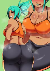 1girls ass ass_shot back back_view backboob big_ass big_breasts black_pants blush bottomwear breasts cerebella cleavage clothing dat_ass female female_only green_hair green_lips green_lipstick hair huge_ass huge_breasts lips lipstick looking_back pants seductive seductive_look skullgirls solo solo_female spanish_text speech_bubble sports_bra sports_uniform sportswear steam steamy sweat sweatdrop sweaty sweaty_body text tobyllitos tongue tongue_out topwear translated