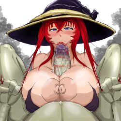 :>= blowjob goblin goblin_male high_school_dxd huge_breasts huge_cock interspecies large_breasts lipstick lipstick_mark lipstick_on_penis lipstick_ring novalasin paizuri rias_gremory witch_hat