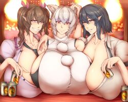 3girls alcohol big_breasts breasts clothed clothing drinking drunk elun_(meido) female female_only gigantic_breasts hatate_himekaidou huge_breasts momiji_inubashiri nipple_bulge pointy_ears shameimaru_aya smile touhou