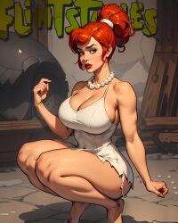 ai_generated big_breasts breasts cleavage looking_at_viewer mature_female milf nerdddemon orange_hair pearl_necklace ponytail prehistoric red_lipstick the_flintstones thick_thighs wilma_flintstone