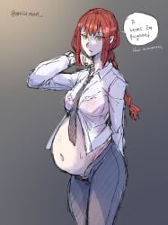 1girls belly big_belly bra_visible_through_clothes breasts chainsaw_man dialogue female makima_(chainsaw_man) moistman panties pregnant red_hair text