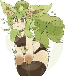 :3 anthro bikini blush cute_face eeveelution flower_in_hair furry heart leaf_hair leaf_tail leafeon necklace pokemon pokemon_(species) shining_eyes thighhighs uovo_0_(artist)