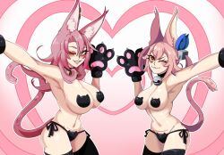 animal_humanoid anthro big_breasts blush breasts cat_humanoid clothing collar domestic_cat duel_monster duo felid felid_humanoid feline feline_humanoid felis female gloves hair handwear hi_res huge_breasts humanoid konami legwear long_hair looking_at_viewer mammal mammal_humanoid navel one_eye_closed panties paws pink_hair rinny-tan rinnytanart short_hair sibling_(lore) simple_background sister_(lore) thighhighs tri-brigade tri-brigade_ferrijit_the_barren_blossom tri-brigade_kitt underwear wink winking_at_viewer yu-gi-oh!