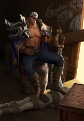 2boys 2humans 2males 3d 3d_(artwork) 3d_model beefy bilgewater_series clothed_male_nude_male cum cum_dripping_from_penis cyjmytf daddy dom/sub erect_penis erection eyepatch gagged garen_crownguard gay hard_on holding_weapon league_of_legends leaking_cum light-skinned_male light_skin male male_only manly muscles muscular muscular_male penis riot_games rogue_admiral_garen rope_bondage scar_on_chest sitting size_difference submissive_male sword tied_up tough_guy white_hair