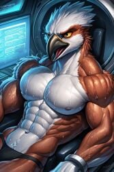 abs ai_generated anthro athletic avian beak biceps big_deltoids bird bodily_fluids bondage bound clothing cuff_(restraint) deltoids feathers growth laboratory male muscle_growth muscular muscular_anthro muscular_male navel neck_muscles nipples pecs restraints ripped_muscles shocked solo sweat test_subject thong triceps underwear veiny_muscles