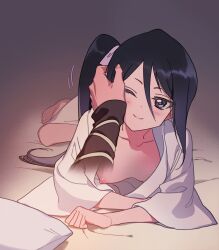 1girls abarai_renji before_sex bleach blush caressing_face feet female kimono kuchiki_rukia looking_at_viewer lying lying_on_bed male_hand male_pov nipple oki on_bed partial_male petite pillow purple_eyes renji_abarai small_breasts tied_hair toes