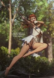 1girls 3d 3d_(artwork) 3d_model aloy archer archery arrow arrow_(weapon) barefoot bow bow_and_arrow cgi female female_focus female_human female_only forest forest_background horizon_forbidden_west horizon_zero_dawn jumping long_hair night_clothes one_eye_closed one_eye_open red_hair sony_interactive_entertainment steffih_daz targeting transparent_clothing weapon white_clothes white_clothing white_facepaint