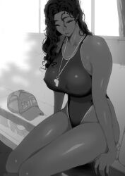 1girls big_ass big_breasts black_hair curly_hair dark-skinned_female female long_hair long_legs looking_at_viewer nipples_visible_through_clothing ohepe_yosyu ohepeyousyu one-piece_swimsuit sitting sitting_on_poolside solo solo_female swimming_pool swimsuit thick thick_ass thick_thighs trainer whistle_(object) wide_hips