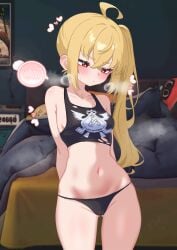 1girls bed bedroom belly_button blonde_hair blush cameltoe embarrassed embarrassed_female flat_belly luciana_de_montefio lucy_(zenless_zone_zero) midriff oldsickkim panties petite petite_body ponytail red_eyes short_female sideboob smiling solo sweatdrop tank_top thought_bubble zenless_zone_zero