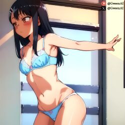 1girls ai_generated black_hair blush breasts female female_only gweenai hayase_nagatoro human indoors lingerie looking_at_viewer nude please_don't_bully_me,_nagatoro small_breasts solo source_removed stable_diffusion tan_body underwear undressing young