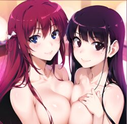 ai_generated big_breasts black_hair blue_eyes grisaia_(series) grisaia_no_kajitsu looking_at_viewer naked red_hair sakaki_yumiko squeezing_breast suou_amane