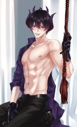 black_hair demon demon_boy demon_horns demon_humanoid demon_lord gay gloves half-dressed incubus kneeling lip_piercing male male_only muscular muscular_male piercing purple_eyes purple_hair purple_highlights red_eyes rope seductive seductive_look shinichi_kai shinichi_kai_(vtuber) smirk solo solo_focus suit twitch twunk virtual_streamer virtual_youtuber vtuber yaoi