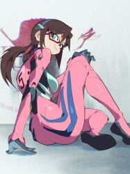 aetherion_art ass big_breasts bodysuit breasts brown_hair female glasses green_eyes legs_up long_hair mari_illustrious_makinami neon_genesis_evangelion pilot_suit plugsuit rebuild_of_evangelion sideboob sitting sitting_on_another sitting_on_floor tail