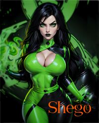 ai_generated big_breasts black_hair bodysuit cleavage disney disney_channel green_eyes kim_possible large_breasts latex nerdddemon pale-skinned_female pale_skin shego thick_thighs