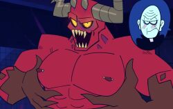 abs animated april_fools blush demon father_gregor_(spooky_month) gay loop male male_only moloch_(spooky_month) moobs nipples official_art pecs playing_with_pecs showing_off spooky_month sr_pelo tagme video