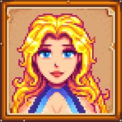 1girls big_breasts bikini blonde_hair blue_bikini blue_eyes blue_swimsuit cancernia female female_only haley_(stardew_valley) light-skinned_female long_hair looking_at_viewer pixel_art sling_bikini smile smiling smiling_at_viewer solo solo_female stardew_valley swimsuit