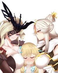 3girls blonde_hair blush breast_press cleavage closed_eyes clothed clothing genshin_impact long_hair lumine_(genshin_impact) mature_female milf multiple_girls ningguang_(genshin_impact) signora_(genshin_impact) stukov white_hair yuri