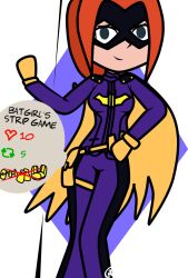 barbara_gordon batgirl batgirl_of_burnside_(comic) blue_eyes clothed dc dc_comics light-skinned_female light_skin orange_hair red_hair strip_game striped_clothing wishernsfw