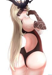 1girls ass ass_focus big_ass blonde_hair blush exposed_back from_behind genshin_impact light-skinned_female light_skin looking_back open_back signora_(genshin_impact) solo solo_female stukov thick_thighs