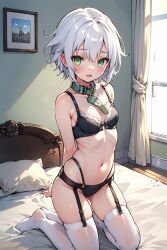 1girls ai_generated bed bedroom blush blush bra breasts collar cute eiyuu_densetsu female female_only fie_claussell green_eyes happy kneeling lingerie looking_at_viewer on_knees panties petite petite_body petplay sen_no_kiseki short_hair silver_hair slave slave_collar slavegirl small_breasts smile trails_of_cold_steel underwear white_hair