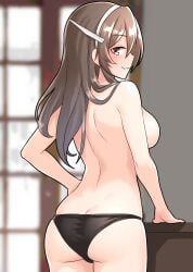 arm_support ashigara_(kantai_collection) ass_focus black_panties cameltoe fangs furaggu_(frag_0416) kantai_collection large_ass large_breasts living_room looking_back no_bra rear_view topless wavy_mouth