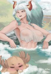 1boy 1girls background bathhouse bathing bathroom big_breasts breasts duffmox female horn horns large_breasts light-skinned_female light_skin male multicolored_hair nipples one_piece smile tony_tony_chopper water white_body white_hair yamato_(one_piece)