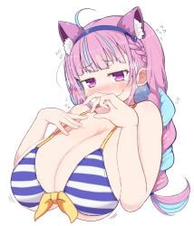 ahoge alternate_breast_size animal_ear_fluff animal_ears bangs bikini blue_hair blunt_bangs blush braid breasts bust_portrait cat_ears cat_girl cleavage colored_inner_hair embarrassed female flying_sweatdrops hololive hololive_gen_2 hololive_japan huge_breasts kemonomimi_mode long_hair maid matarou_(matarou072) minato_aqua multicolored_hair purple_eyes purple_hair ribbon sidelocks simple_background simple_background@_@ smile solo streaked_hair swimsuit tears twin_braids twintails two-tone_hair upper_body virtual_youtuber white_background