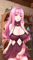 1futa balls big_breasts big_penis bottomless cleavage clothed clothing cursed_futana-ring dress erection futa_only futanari game_cg human light-skinned_futanari light_skin long_hair mofuland mofuringu mostly_clothed pink_hair shia_(cursed_futana-ring) solo standing