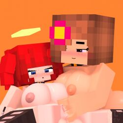 2girls 3d angel_girl big_breasts blue_eyes brown_hair collar erect_nipples fingering_partner fingering_pussy flower_in_hair freckles_on_face horny_female human humanoid jenny_belle_(slipperyt) looking_pleasured masturbation mine-imator minecraft nude_female outside red_hair smile stockings tagme twin_braids wet_pussy ylissy_(ylissymc) ylissymc yuri