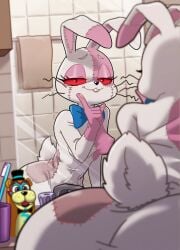 2022 2022s ass bow bowtie buckteeth bunny_costume bunny_ears bunny_girl bunny_tail centinel303 eyebrows eyelashes five_nights_at_freddy's five_nights_at_freddy's:_security_breach fnaf looking_at_mirror looking_in_mirror mirror nipples nipples_visible_through_clothing red_eyes solo toothbrush vanny vanny_(fnaf) whiskers