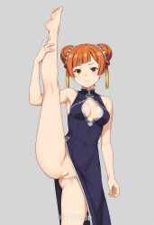 blue_footwear brown_eyes double_bun laufen_(sousou_no_frieren) leg_up looking_at_viewer nekom14 no_panties orange_hair pussy sousou_no_frieren spread_legs uncensored vertical_splits