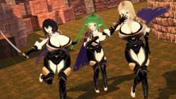 3d 3girls bare_thighs black_hair breasts cleavage corrin_(female)_(fire_emblem)_(cosplay) female female_only fire_emblem fire_emblem_awakening gigantic_breasts green_hair huge_breasts inner_thighs large_breasts looking_at_viewer mercedes_von_martritz morgan_(fire_emblem) morgan_(fire_emblem)_(female) multiple_girls nah_(fire_emblem) nintendo pointy_ears pov rhcpftw