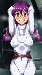 1girls anpryona armpits bodysuit breasts erect_nipples female female_only freckles glasses medium_breasts nipple_bulge purple_hair ri_kohran sakura_wars skintight solo solo_female steam steamy_armpits sweat sweat_stain sweat_stains sweaty_armpits