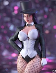 1girls 3d big_breasts black_hair blue_eyes bowtie breasts cleavage clothed clothed_female curvaceous dc dc_comics female female_only fishnet_legwear fishnet_pantyhose fishnets gloves hat large_breasts light-skinned_female light_skin lipstick magician_hat nipple_bulge no_bra red_lipstick rude_frog solo solo_female solo_focus superheroine top_hat white_gloves zatanna zatanna_zatara