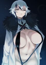 areola_slip arlecchino_(genshin_impact) black_eyes black_swimsuit breasts coat female fur-trimmed_coat fur_trim genshin_impact highres large_breasts multicolored_hair navel red_pupils slingshot_swimsuit streaked_hair swimsuit symbol-shaped_pupils tinnies two-tone_hair white_coat white_hair x-shaped_pupils