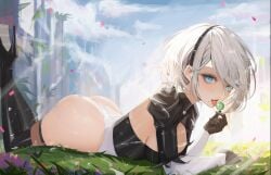 1girls ass blue_eyes breasts detailed_background feet_up female high_resolution lollipop looking_at_viewer lying lying_on_stomach mole mole_under_mouth neorarty3 nier:_automata sideboob solo thigh_boots thighs very_high_resolution white_hair yorha_2b