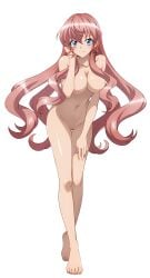 absurdres blue_eyes breasts breath_(artist) completely_nude full_body hand_to_head highres large_breasts long_hair maria_cadenzavna_eve navel nipples nude pink_hair pussy senki_zesshou_symphogear smile thigh_gap transparent_background uncensored