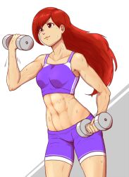 1girls 91m10 bottomwear breasts light-skinned_female light_skin red_eyes red_hair ruby_koroma_(91m10) sports_bra sweat weights working_out