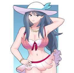 1girls alternate_costume bikini_skirt blue_eyes blue_hair breasts cleavage djames female female_only fire_emblem hat large_breasts long_hair looking_at_viewer nintendo oribe_tsubasa smile solo sun_hat tokyo_mirage_sessions_#fe two-tone_bikini white_bikini white_swimsuit