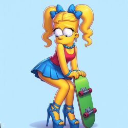 1girls after_transformation ai_generated bart_simpson bartina_simpson blonde_hair edited female feminization genderswap_(mtf) high_heels miniskirt mtf_transformation rule_63 skateboard solo the_simpsons twintails worried_expression