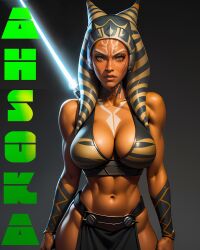 1girls abs ahsoka_tano ai_generated alien alien_girl alien_humanoid alien_only armwear big_breasts bikini_top blue_lightsaber breasts cleavage crop_top eyelashes eyes facial_markings female female_only front_view grey_background horn humanoid lightsaber loincloth looking_at_viewer markings melee_weapon midriff navel nerdddemon open_eyes orange_body orange_skin plain_background shirt sleeveless solo standing star_wars sword tentacle tentacle_hair thighs togruta upper_body watermark weapon white_markings