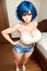 1girl 1girls ai_generated anime_style athletic athletic_female bangs bed bedroom belly belly_button big_breasts blue_hair booty_shorts breasts busty cleavage clothed clothed_female clothing dark_blue_hair deep_cleavage denim denim_bottomwear denim_shorts discipline discipline:record_of_a_crusade discipline_zero enmashusui fair_skin fanart female female_focus female_only fit fit_female footwear fringe fringe_hair front_view hands_on_hips huge_boobs huge_breasts indoors large_boobs large_breasts legs light_skin light_skinned_female lips medium_hair metallic_hair miyagishi_yuuki navy_blue_hair no_bra perky_breasts pinup portrait pose posing realistic revealing revealing_clothes short_hair shorts slippers smile smiling smiling_at_viewer tank_top thick thick_legs thick_thighs thighs tight_clothing tight_fit toned toned_female top_down upper_body viewed_from_above wavy_hair white_tank_top yellow_eyes young young_woman