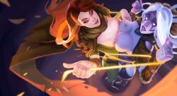 2girls big_breasts breast_to_breast dota dota_2 drow_ranger female_only long_hair multiple_girls nipples purple_skin red_hair smile sureyouknowme white_hair windranger