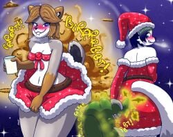 anthro artic_fox ass aurora_(klovs) blush christmas christmas_outfit eggnog embarrassed fart fart_cloud fart_fetish farting female fox_girl furry gray_fox klovs natalia_(klovs)