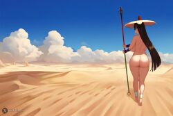 ai_generated ass breasts brown_hair completely_nude_female dessert exhibitionism fat_ass fate/grand_order fate_(series) hat huge_ass huge_breasts landscape long_hair massive_breasts public stick text thick_thighs walking watermark xuangzang_sanzang_(fate) xuanzang_(fate) xufuta_ai