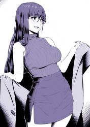 big_breasts black_hair blush glasses long_hair nanahime open_jacket skirt sleeveless sleeveless_shirt slim_waist smiling thighs tight_clothing wide_hips