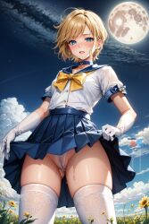 1girls ai_generated artsbuyu bangs bishoujo_senshi_sailor_moon blonde_hair blue_eyes blush censored clothing elbow_gloves embarrassed from_below hair_between_eyes haruka_tenou hi_res legwear looking_at_viewer medium_breasts panties parted_lips pussy pussy_juice sailor_uranus see-through shirt short_hair sidelocks skirt skirt_lift stable_diffusion stockings thighhighs upskirt white_legwear white_thighhighs