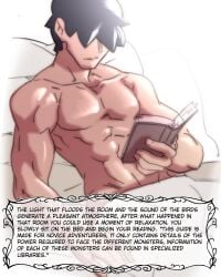 1boy 2019 abs black_hair book english_text hair_over_eyes hyan_(nisego) muscular_male narration nisego original reading shirtless solo solo_male text toned_male white_background