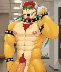 anthro bowser genitals hi_res male male_only mario_(series) mr_sharky muscular muscular_anthro muscular_male nintendo penis pubes shower_room solo